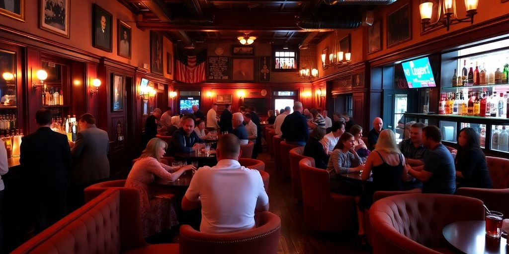 Interior view of Union Hall with lively guests enjoying drinks.