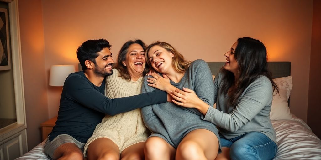 Intimate bedroom scene with four people enjoying each other.