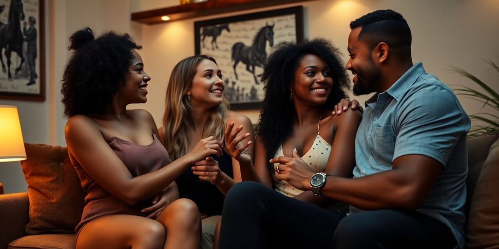 Intimate foursome scene with diverse individuals engaged closely.