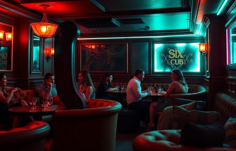 Intimate interior of a Baltimore sex club with soft lighting.