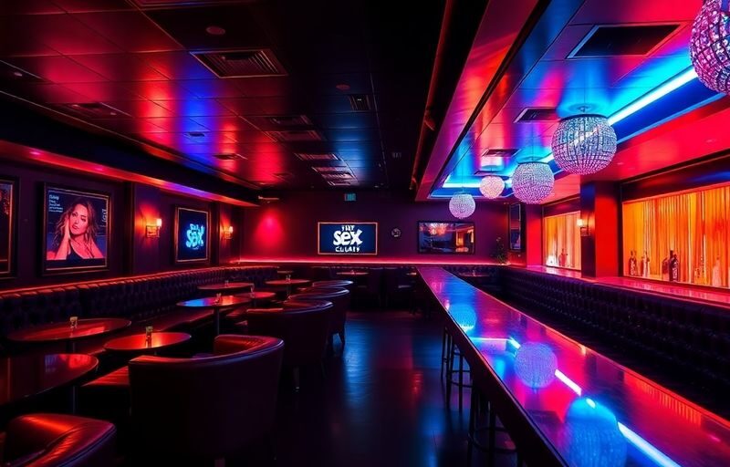 Intimate lounge with colorful lighting and plush seating.