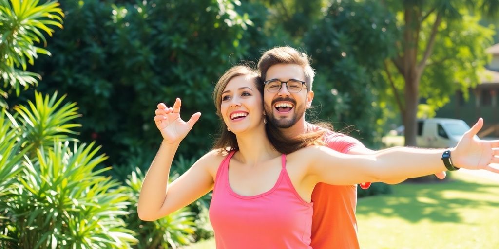 Joyful couple enjoying a playful moment outdoors.