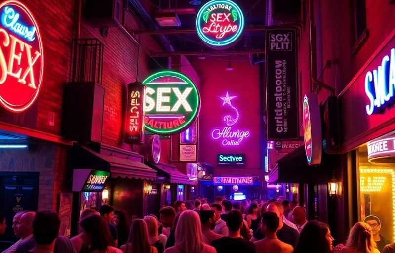 Lively Baltimore nightlife at a sex club with neon lights.