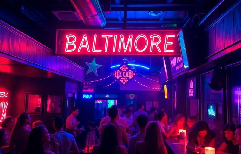Lively nightlife in Baltimore's sex clubs, colorful neon lights.