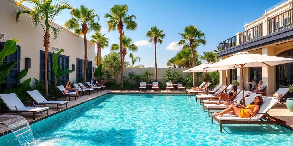 Luxurious poolside with lounge chairs and greenery.