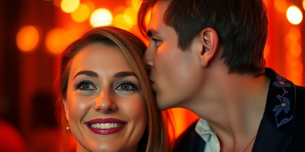 Man whispering, colorful party lights, blurred background.