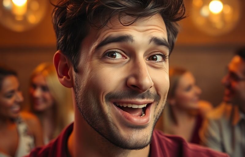 Man whispering, couples in background, dim lighting.