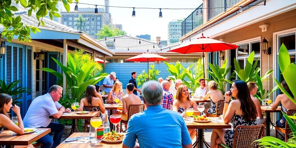 Outdoor dining at Colette New Orleans with colorful dishes.
