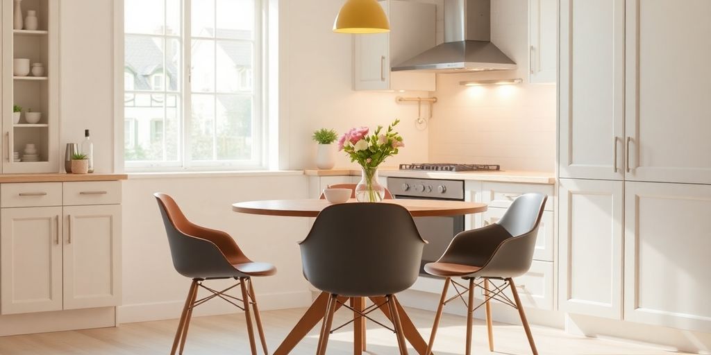 Peaceful kitchen table scene with three chairs and flowers.