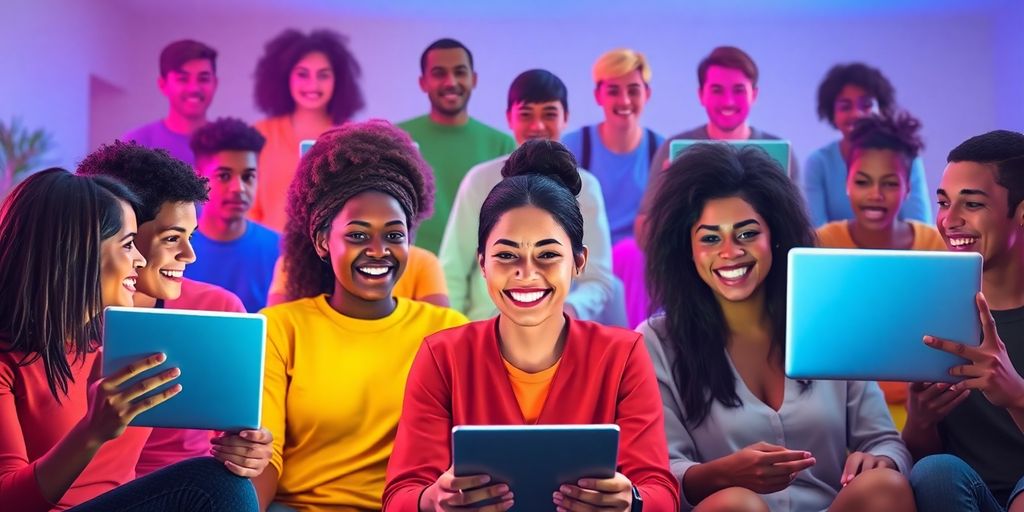 People engaging in virtual chat within a colorful setting.