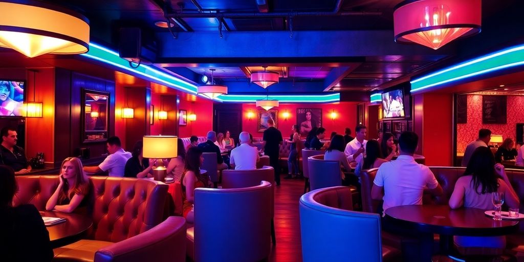 People socializing in a lively Baltimore sex club.