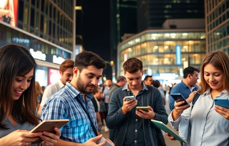 People using digital devices in a lively urban setting.