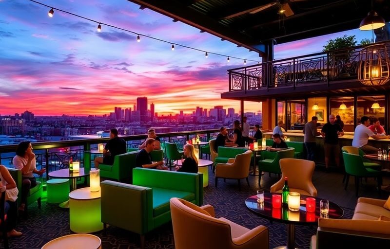 Rooftop lounge scene with sunset over New Orleans skyline.