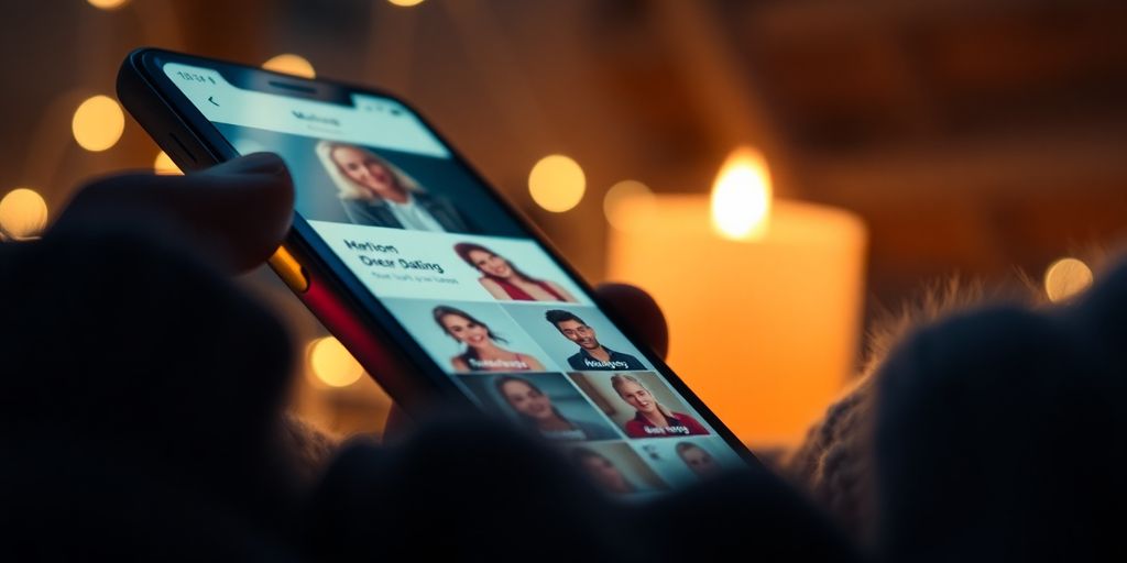 Smartphone with dating app on a cozy table setting.