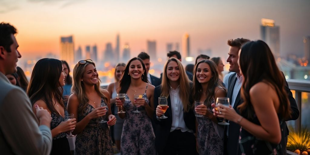Stylish young adults at a vibrant, exclusive rooftop party.