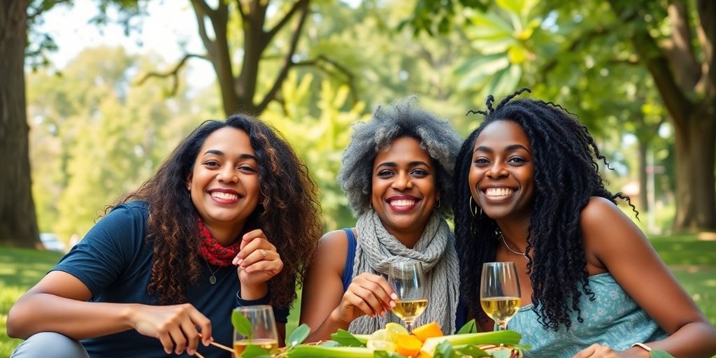 Three diverse friends sharing a joyful picnic in nature.