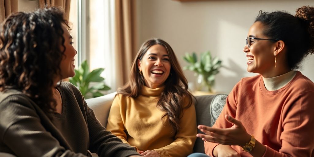 Three diverse individuals in a cozy setting, engaging together.