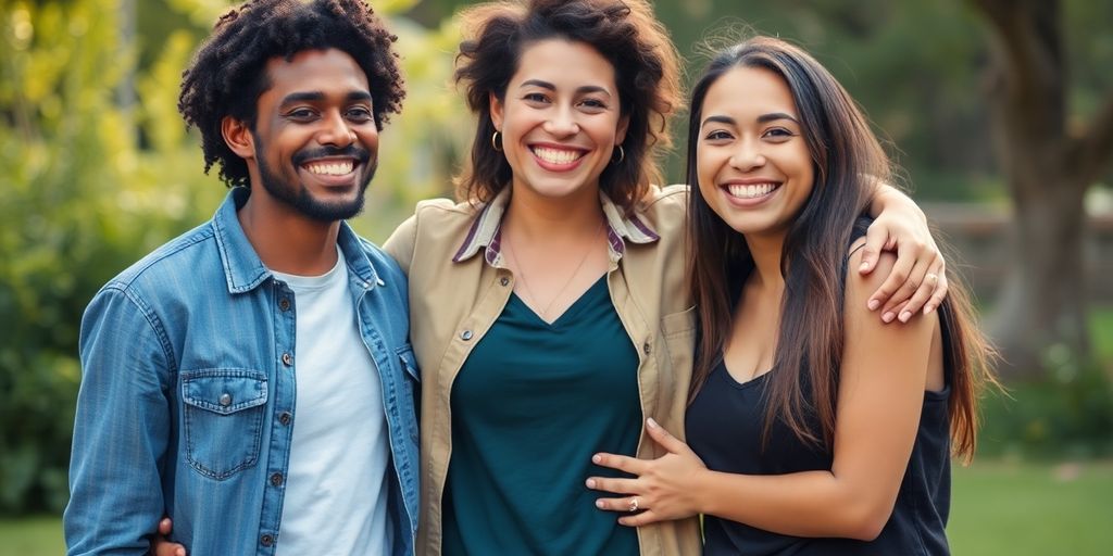 Three diverse individuals joyfully embracing in a park.