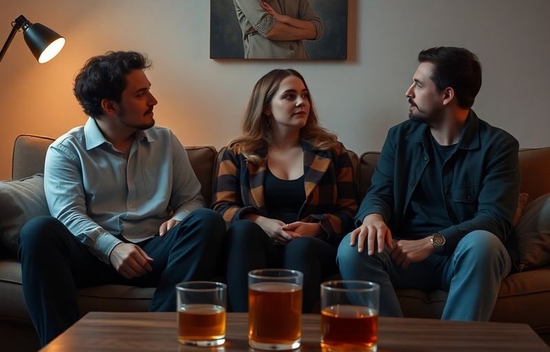 Three friends discussing their relationship dynamics on a couch.