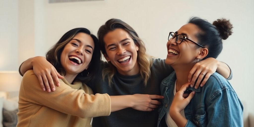 Three friends laughing together, embodying a throuple relationship.