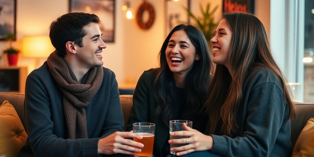Three friends laughing together in a cozy, inviting setting.