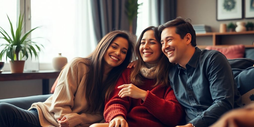 Three friends laughing together in a cozy setting.