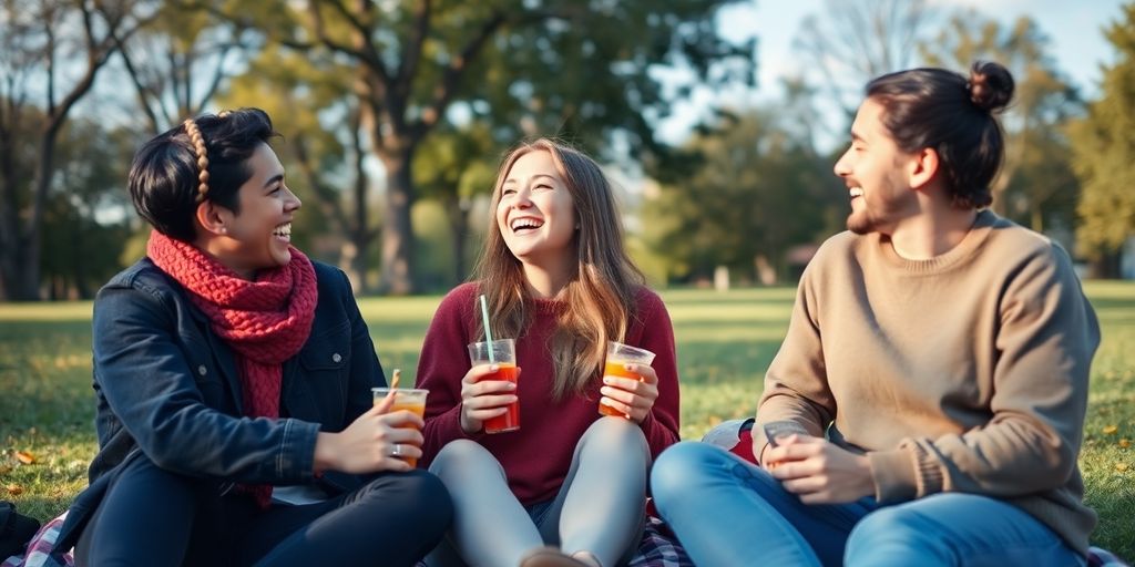 Three friends laughing together on a picnic blanket outdoors.
