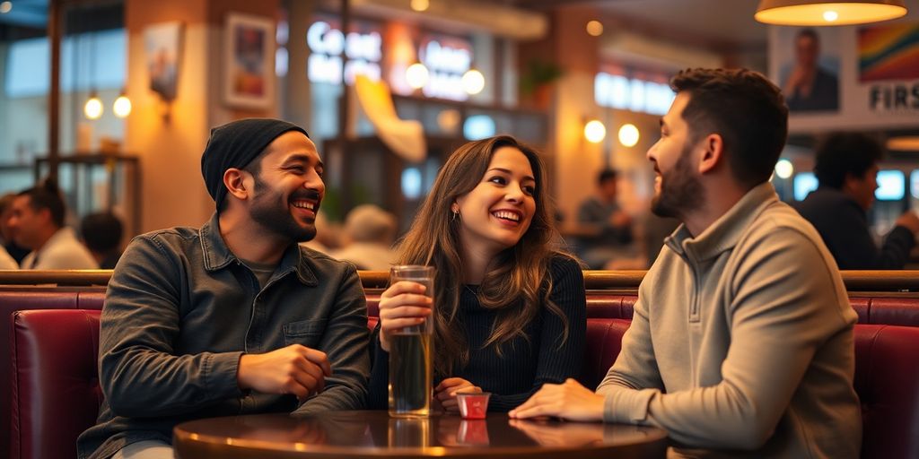 Three friends sharing a joyful moment in a cafe.