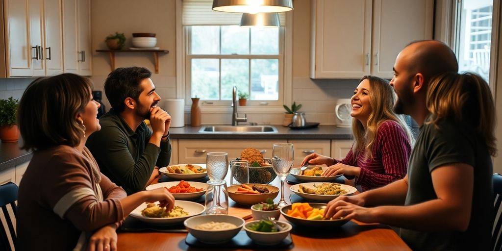 Three friends sharing a meal in a warm kitchen.