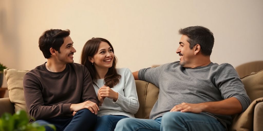 Three people communicating in a cozy living room.