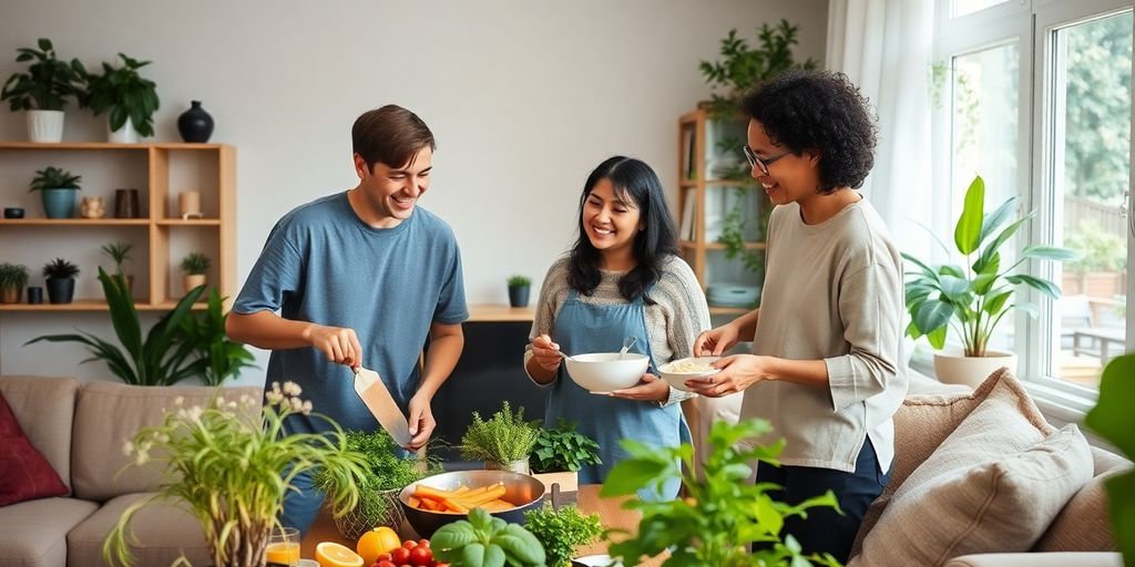 Three people cooking together in a cozy living room.