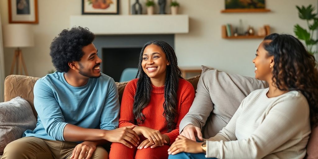 Three people discussing peacefully in a cozy setting.