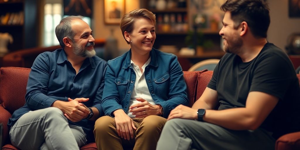 Three people engaged in conversation, smiling and happy.