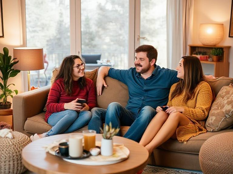 Three people enjoying their cozy shared living space.