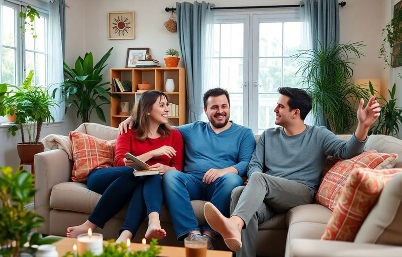 Three people happily enjoying time together in a living room.