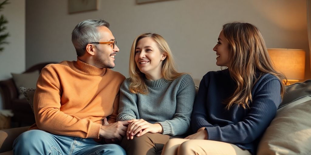 Three people in a cozy setting discussing emotions.