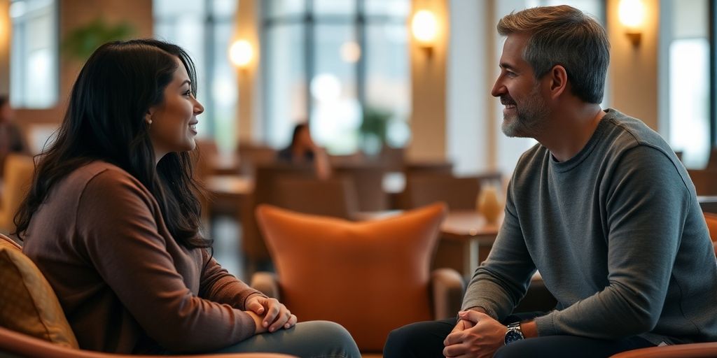 Three people in a cozy space having an intimate conversation.