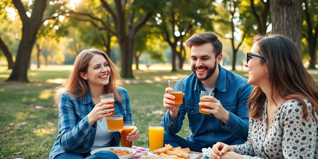 Three people laughing together during a sunny picnic.