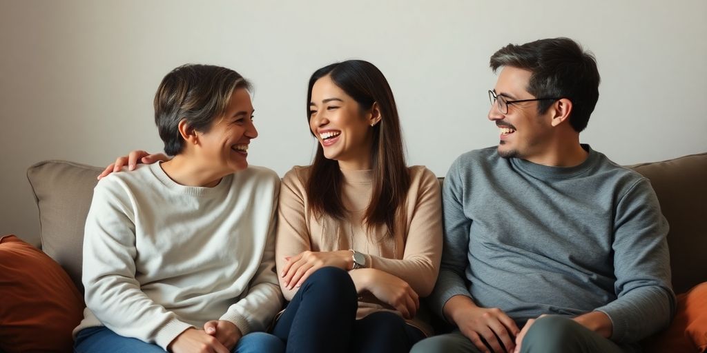 Three people sharing a cozy moment on a couch.