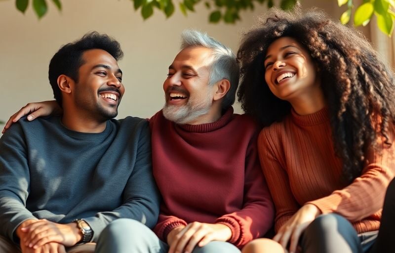 Three people sharing a joyful moment in a cozy setting.
