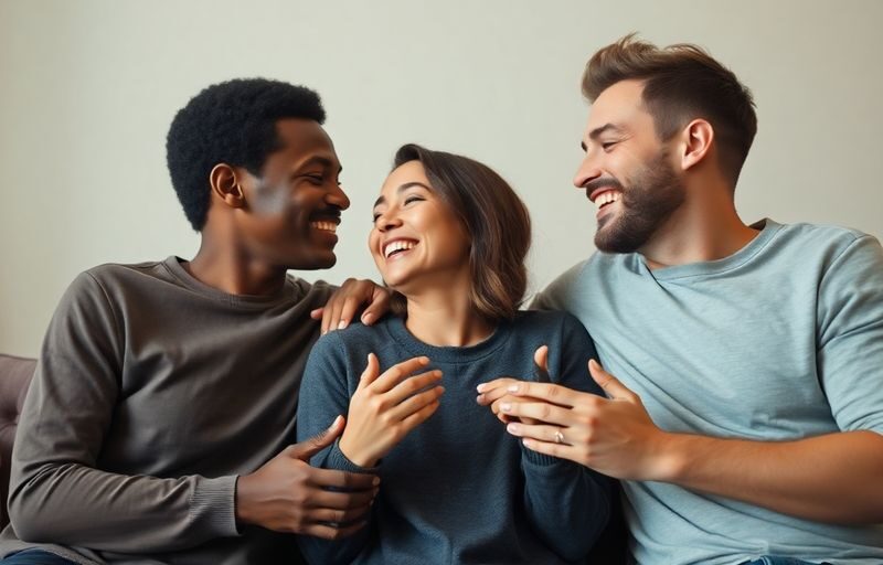 Three people sharing a joyful moment in a cozy setting.