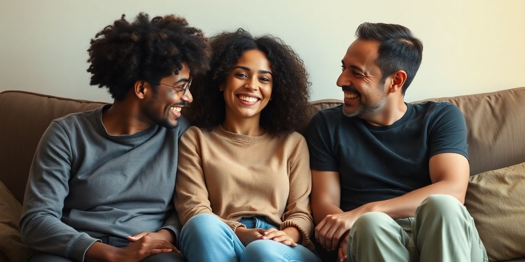 Three people sharing a joyful moment on a couch.