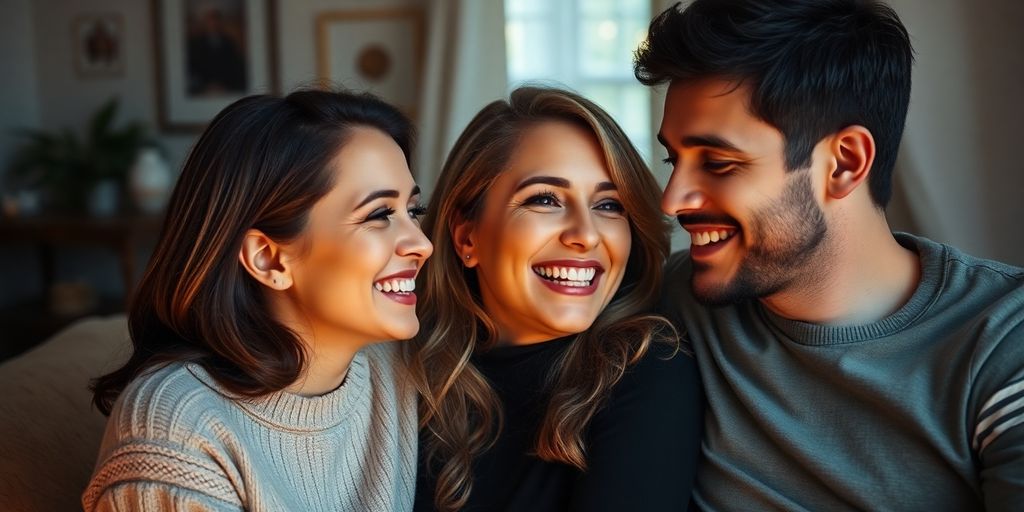 Three people sharing a joyful moment together.