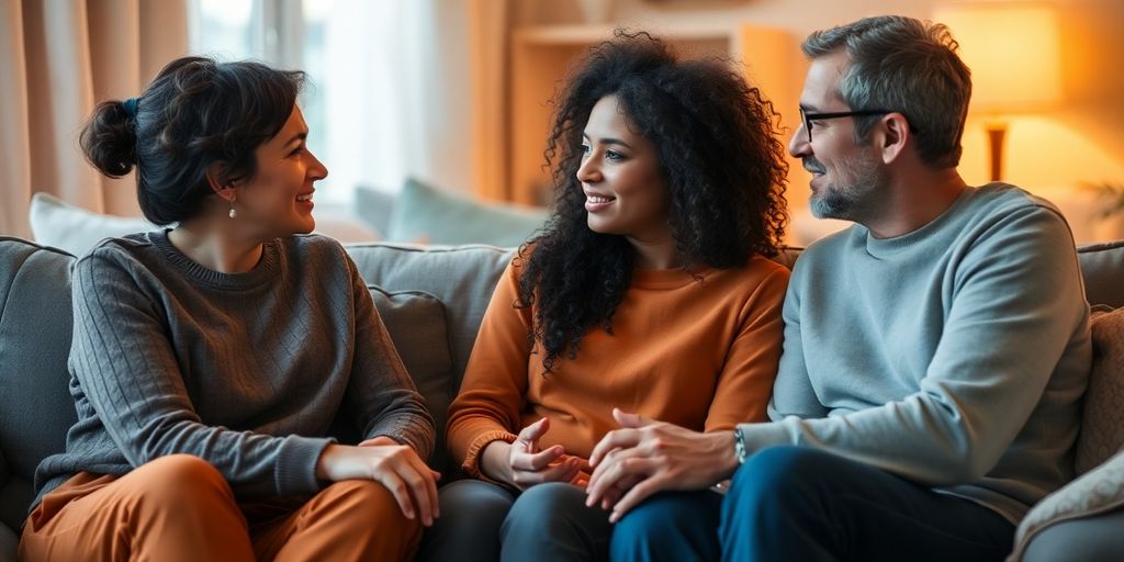 Three people sharing a warm, intimate conversation together.