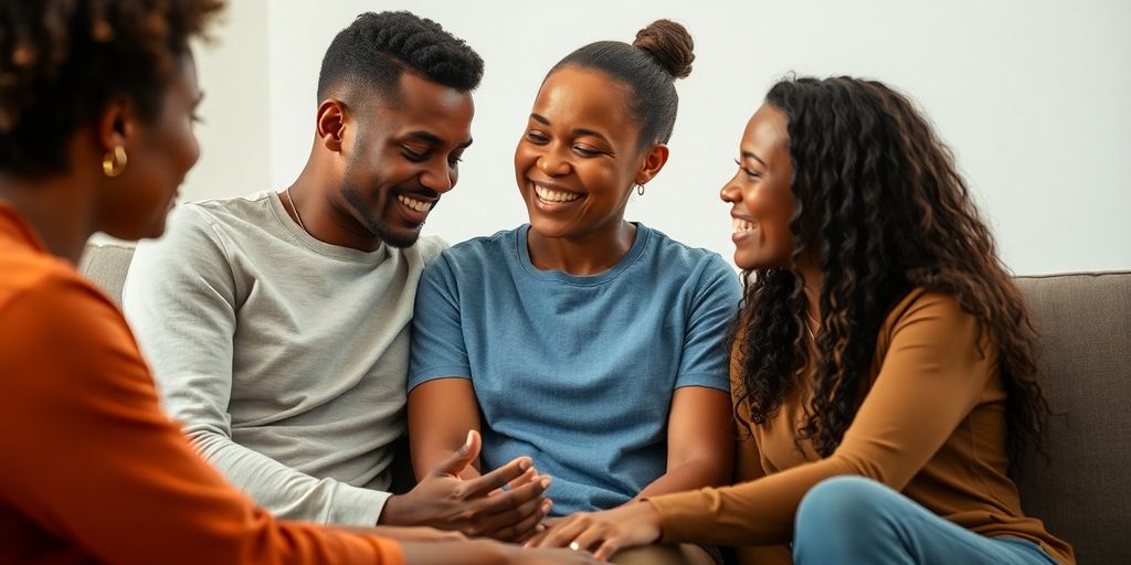 Three people sharing an intimate conversation on a couch.