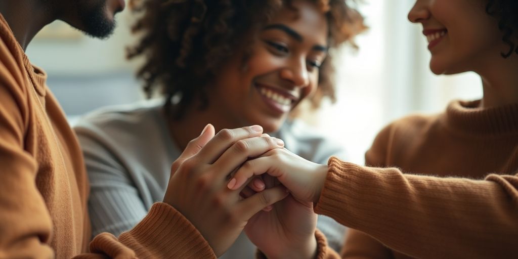 Three people sharing an intimate moment, hands intertwined.