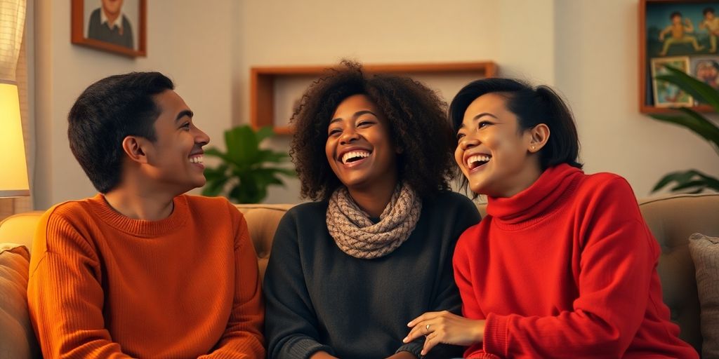 Three people sharing love and connection in a cozy setting.