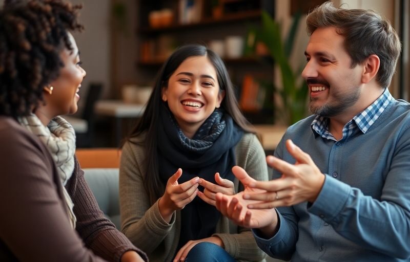 Three people talking and laughing together in a cozy setting.