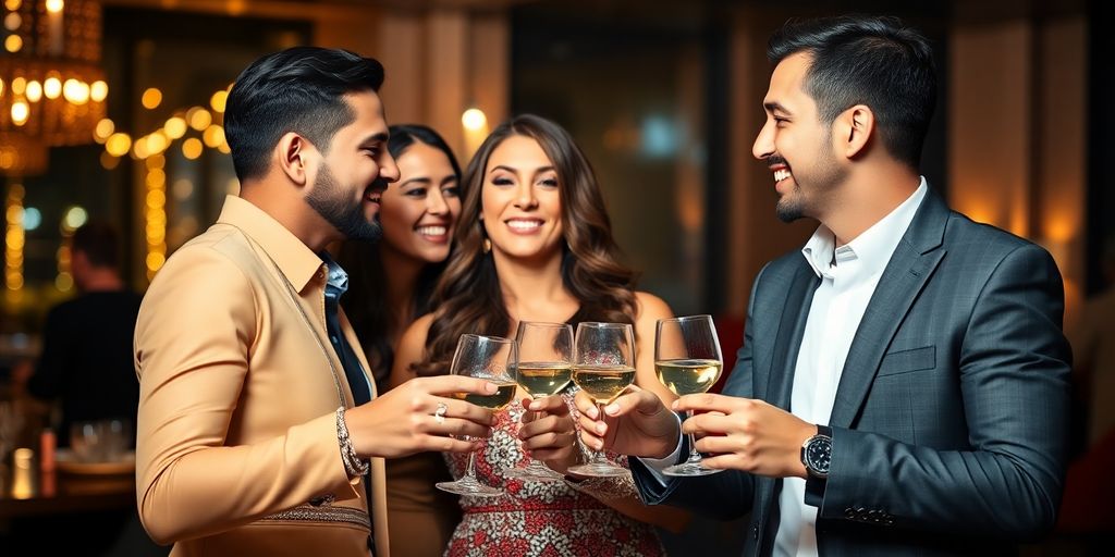 Two couples at a lively party.