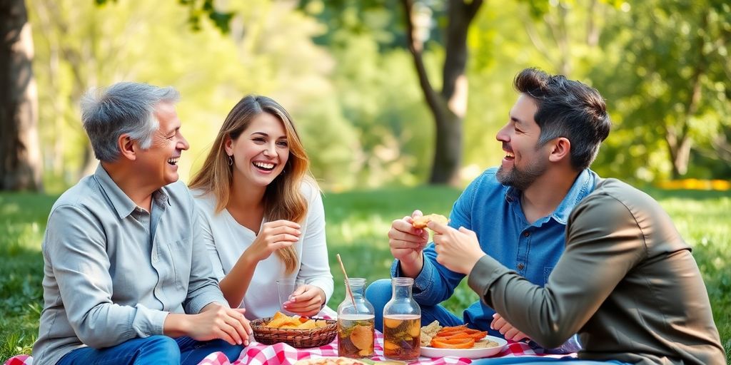 Two couples enjoying a playful picnic in nature.